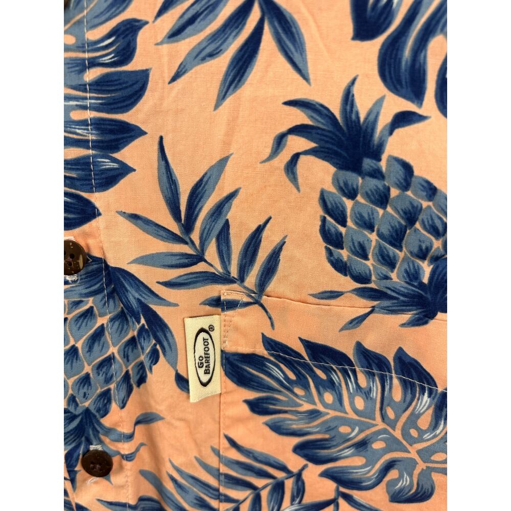 Go Barefoot Hawaiian Shirt Mens M Peach Blue Pineapple Aloha Made USA Cotton - Picture 8 of 8